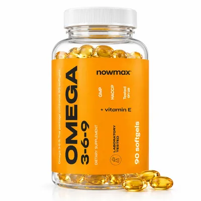 Produktbild von nowmax® Omega 3-6-9 100 Kapseln – Fischöl, Leinöl & Sonnenblumenöl mit EPA, DHA, ALA & Vitamin E, KI-generiertes Bild