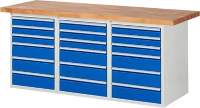 Produktbild von Werkbank mit 18 Schubladen - Teilauszug - 90:9 / 150:9 - 840 x 2.000 x 700 mm (HxBxT) - Traglast 1.000 kg - Buche