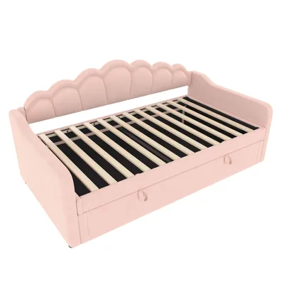 Produktbild von Merax Tagesbett 90 x 200cm mit Stauraum & LED-Beleuchtung, Kinderbett aus Samtbezug, Ausziehsofa & Gästebett mit hydraulischer Bettkasten, Rosa