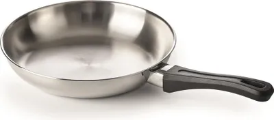 A stainless steel frying pan with a black handle is shown against a white background.