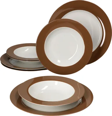 A set of dinnerware, including plates and bowls, is arranged on a white background.