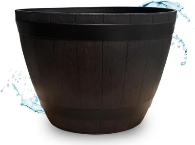 Image de Grande jardinière aspect tonneau en bois brun pour l'extérieur 51 x 36 cm