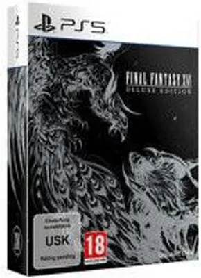 The image shows the front of a video game box for Final Fantasy XVI Deluxe Edition for PlayStation 5.
