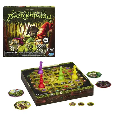 A board game box and its opened game board with playing pieces.