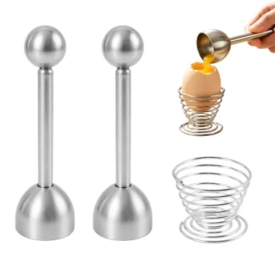 Produktbild von Eieröffner Set mit Schalentrenner und Eierablage - 2-teilig aus Edelstahl - für rohe, weiche und hartgekochte Eier