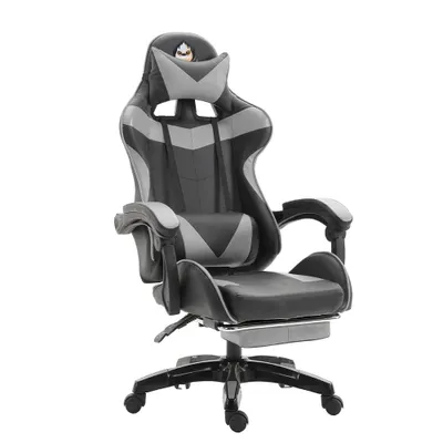 Produktbild von Schwarz-Grau Gaming-Stuhl Ergonomischer Gamer Lendenwirbelstuetze Fussstuetze Gaming Sessel Katzenohren Kopfkissen Hoehenverstellbar Buerostuhl