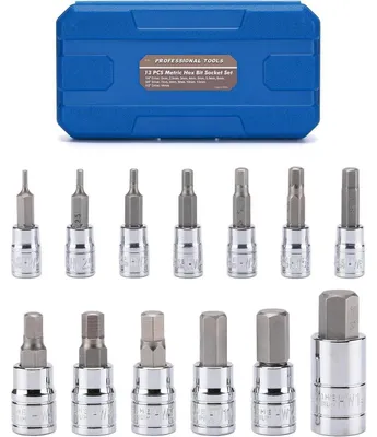 Immagine prodotto di Set di chiavi a bussola metriche esagonali, 13 pezzi, acciaio CR-V S2, da 2 a 14 mm, attacco da 1/4", 3/8" e 1/2"