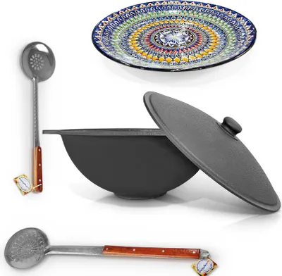 Produktbild von Gusseisen Kazan 22 L Uzbekisch Kochtopf Schaumlöffel Ljagan Kasan WOK Plov
