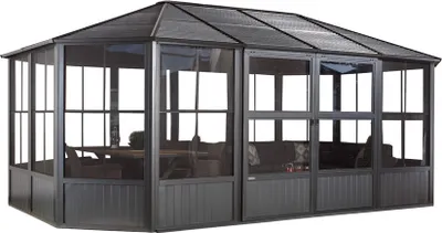A dark gray gazebo with glass panels and a dark roof, set against a white background.