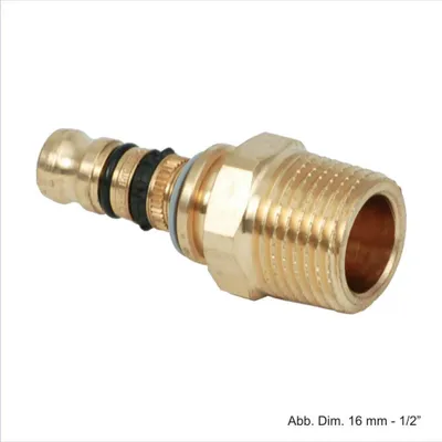 A close-up studio shot of a brass plumbing fitting against a white background.