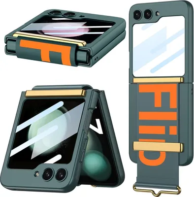 Image de Etui ultrafin pour Samsung Galaxy Z Flip 6 / Z Flip 7 FE avec protection de la charnière, petite protection d'écran et sangle verte