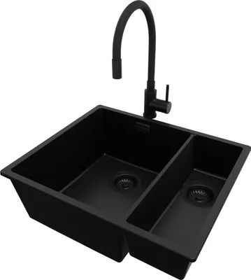 Produktbild von PRIMAGRAN Unterbauspüle Granit Alles Schwarz 56x47cm, Spülbecken 1,5 Becken + Küchenarmatur 40x38cm + Ablauf-Set, Granitspüle ab 60er Unterschrank - London Duo