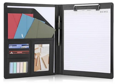 Produktbild von A4-Klemmbrett mit Hülle, Schreibmappe aus Kunstleder, Besprechungsmappe mit Aufbewahrungsmöglichkeiten, Stifthalter und Haftnotizen, Businessmappe für Büro- und Schulbedarf (schwarz)