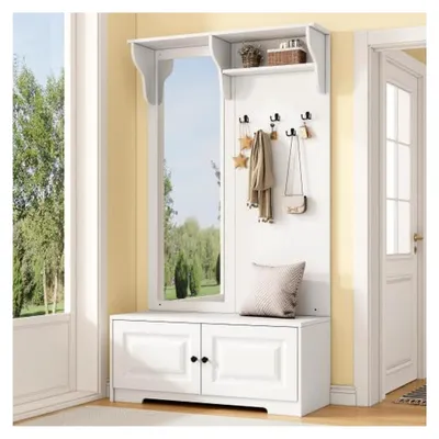 Produktbild von Garderobenständer mit Spiegel – Kompaktgarderobe mit 5 Haken und Schuhschrank, multifunktionaler Eingangsschrank mit 2 Schränken, Weiß, 100×40×180 cm