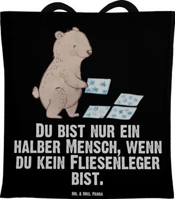 Produktbild von Mr. & Mrs. Panda Tote Bag Fliesenleger Herz - Schwarz - Geschenk, Tasche, totebag, Shopping, Schultasche, Lustig, Handwerk, Beruf, Spruch, Laptoptasche, Fliesenfachhandel