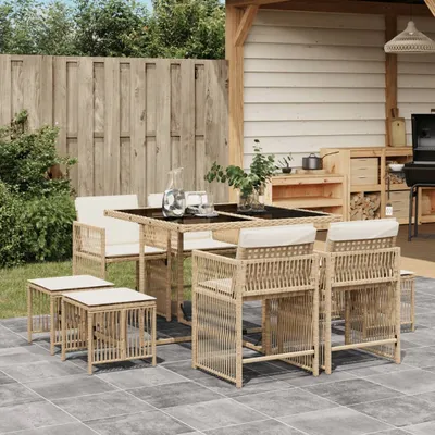 Produktbild von "2026 Promotion" 9-tlg. Garten-Essgruppe - mit Tisch und Stühlen - mit Kissen - Beige Poly Rattan - Gartenmöbelset CC11645