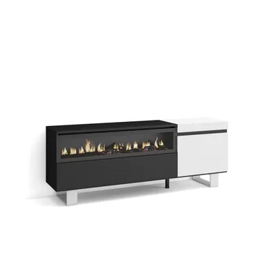 Image de COZY Meuble TV, Banc Télé, 150x35x57cm, Pour les TV jusqu'à 65", Cheminée électrique, Blanc et noir