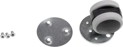 A set of vacuum cleaner parts, including screws, a mounting plate, and a wheel assembly, laid out on a white background.