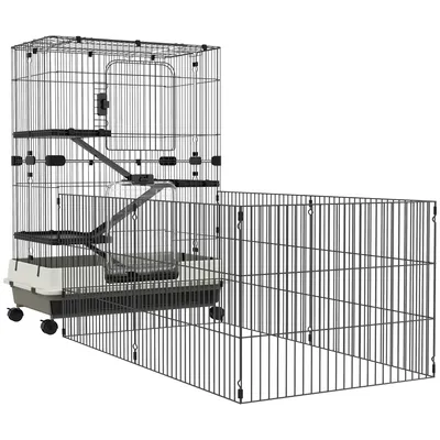 Image de Cage PawHut pour petits animaux, roulante, 3 plateformes amovibles, 3 rampes, plateau inférieur amovible en métal, PP, 182 x 81 x 114 cm, noir
