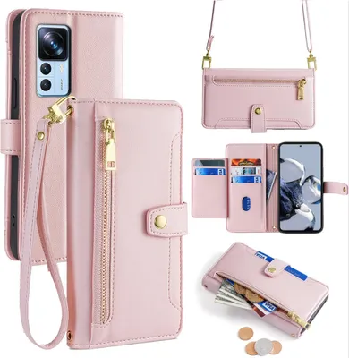 Produktbild von Handykette Xiaomi Hülle mit Band Handyhülle Kartenfächer Kunstleder Umhängetasche 12T / 12T Pro Rosa