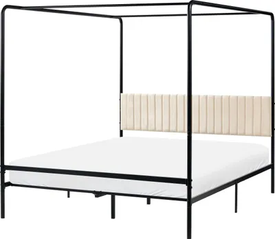 Produktbild von BELIANI Himmelbett Schwarz Metall mit Polsterkopfteil Gesteppt Metallrost 160x200 cm Modernes Design Schlicht Schlafzimmer Bett Doppelbett Metallbett