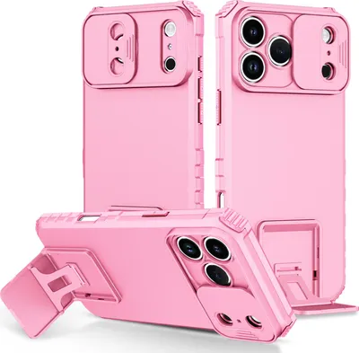 Obrázek produktu pro Pouzdro pro iPhone 17 Pro dvouvrstvé robustní, vojenská ochrana pouzdro s stojánku a posuvnou ochranou kamery Růžový