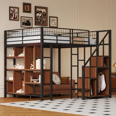 Produktbild von Flieks Etagenbett 140x200cm mit Bücherregal, Hochbett Metallbett mit Treppe und Kleiderstange, Kinderbett mit Rausfallschutz und Lattenrost, Schwarz
