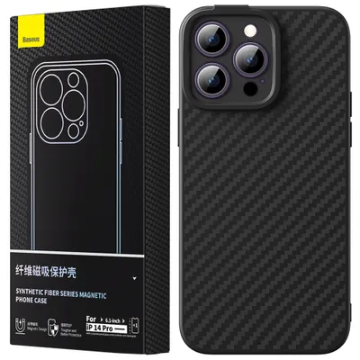 Produktbild von Magnetisches Case Baseus Synthetic Fiber Series für iPhone 14 Pro (schwarz) + gehärtetes Glas + Reinigungsset