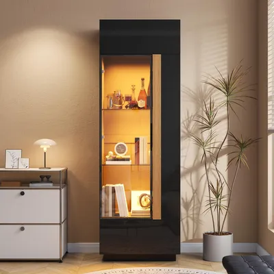 Produktbild von Merax Hochglanz Vitrinenschrank Glasschrank mit Glastür, Hochschrank mit LED-Lichtleiste per App, Wohnzimmerschrank mit Aluminiumrahmen, Schwarz