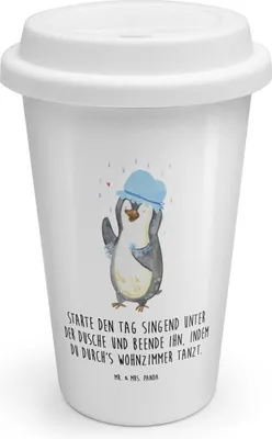 Produktbild von Mr. & Mrs. Panda Thermobecher Pinguin Duschen - Weiß - Geschenk, Kaffeebecher To Go, ToGo, Coffee Becher, Mehrwegbecher, glücklich sein, Tanzen, Singen, Duschkonzert