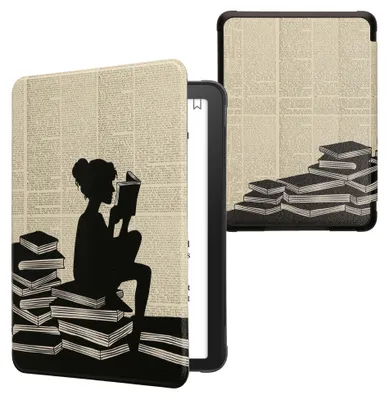 Produktbild von kwmobile Schutzhülle für Amazon Kindle Paperwhite (2024)/Colorsoft Hülle - eReader Flip Case mit Auto Sleep Funktion - Lesende Frau mit Schwarz Beige