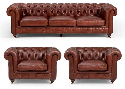 Immagine prodotto di Divano componibile 3 posti + 2 poltrone, stile Chesterfield, in pelle, set