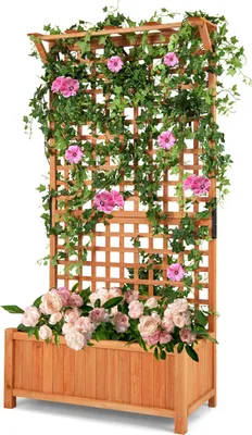 Immagine prodotto di Fioriera COSTWAY con traliccio e tetto, fioriera in legno di abete, letto rialzato con traliccio e fori di drenaggio, traliccio da giardino, per giardino 90x44,5x183,5cm