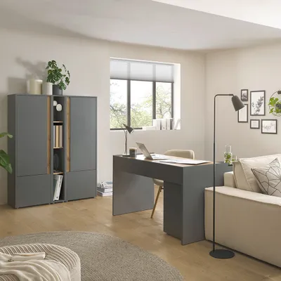 Produktbild von Büromöbel Set anthrazit mit Eiche CRISP-61 modern 6-teilig mit Schreibtisch