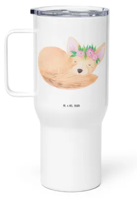Produktbild von Mr. & Mrs. Panda Kaffee-to-go-Becher Wüstenfuchs Blumen - Weiß - Geschenk, Thermobecher, Teetasse, Wüste, Afrika, thermosbecher, Trinkgefäß, Blumenkranz, Edelstahlbecher