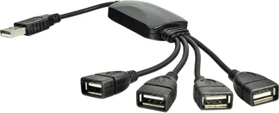 A black USB hub with four ports is shown against a white background.
