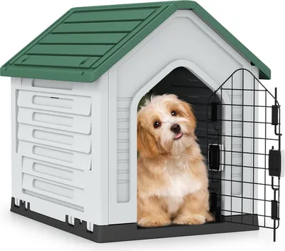 Produktbild von GOPLUS Hundehütte Outdoor, Hundehütte wetterfest mit verschließbarer Gittertür & erhöhter Boden, Luftventile, Haustierhaus Zuhause für Hunde & Katzen