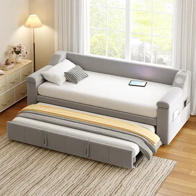 Image de OKWISH Lit Gigogne 90/180x190 cm - Avec Port USB, Bluetooth et Rangement Intégré dans les Accoudoirs, Sans Matelas - Velours Gris Clair