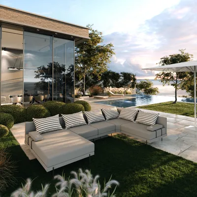 Produktbild von TRADA Gartenecksofa Bahama XL Streifen Grau 370x175 cm Gartenmöbel set Wasserabweisend Stoff