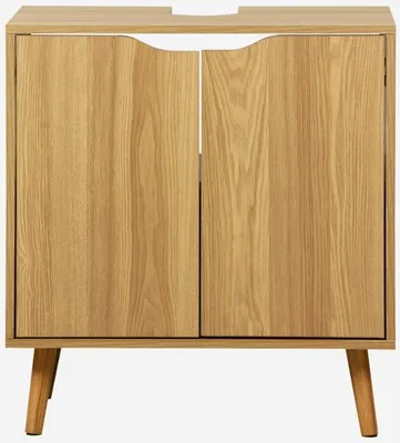 A product shot of a wooden cabinet with two doors and four legs.