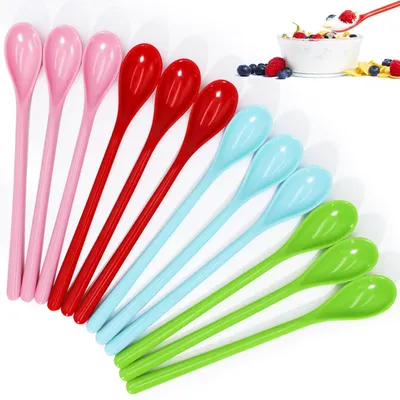 12 Lange Plastiklöffel bunt 18,5 cm wiederverwendbar