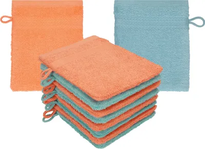 Produktbild von Betz 10 Stück Waschhandschuhe 16x21 cm PREMIUM 100% Baumwolle  Farbe: blutorange - ocean