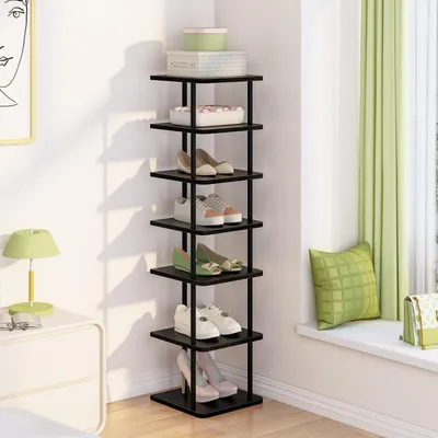 Immagine prodotto di Scaffale per scarpe a 7 ripiani, stretto, in metallo, colore nero, ideale per ingresso, corridoio o piccoli spazi