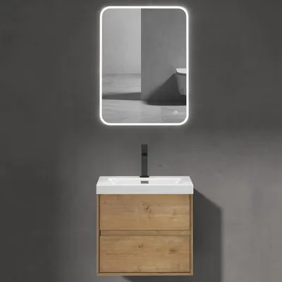 Immagine prodotto di doporro Mobile Bagno Sospeso 60cm, Mobiletto per Bagno con 2 Cassetti Include Lavabo e Specchio LED Bianco Rimo F156, Marrone chiaro