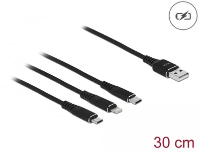 Immagine prodotto di Cavo di ricarica USB 3 in 1 Delock per Lightning/MicroUSB/Type-C, 30 cm, nero