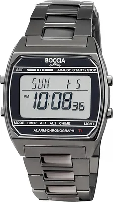 A digital watch with a metal band is shown against a white background.