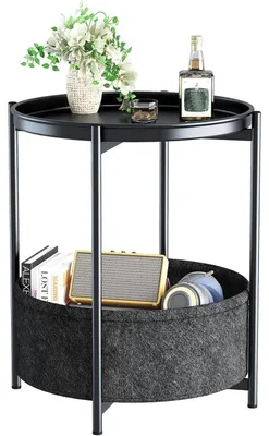 Image de Table d'appoint ronde en métal, 2 niveaux avec panier, noire, 44,5 x 52 cm