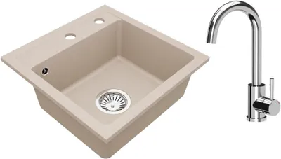 Produktbild von VBChome Granitspüle 44 x 44 cm Beige mit Armatur Einzelbecken Einbauspüle Gesprenkelt Pflegeleichtes Spülbecken mit Siphon Ideal für kleine Küchen