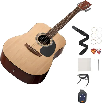 Obrázok produktu pre SucceBuy akustická gitara Dreadnought, 1041,4 mm, sada pre začiatočníkov s taškou, ladičkou, popruhom, strunami, trsátkami, kapodastrom, palisandrový hmatník, pre dospelých, prírodná farba