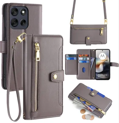 Produktbild von Handykette für Motorola Moto G56 Hülle mit Band Handyhülle Kartenfächer Leder Umhängetasch in Grau